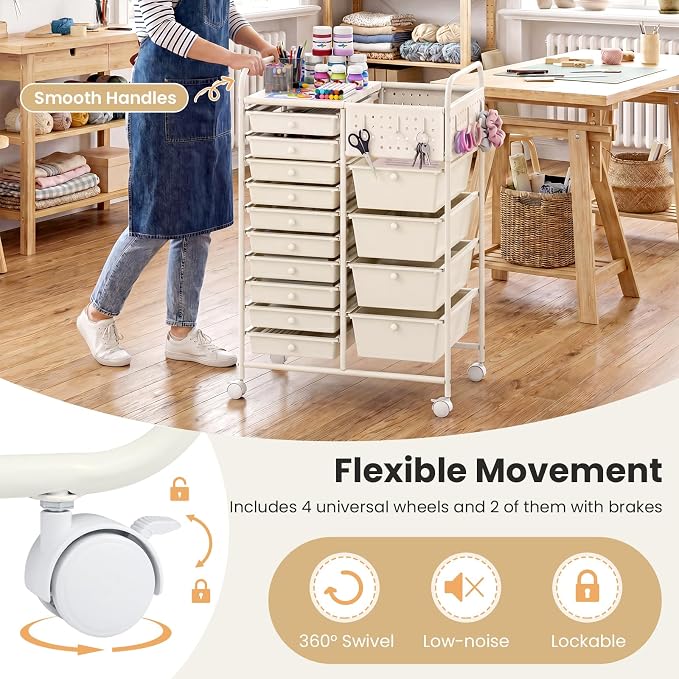 Giantex 14 Drawer Storage Cart, Rolling Craft Cart with Metal Tabletop & Pegboard, Mobile Utility Organizer Trolley with Locking Wheels, Home Office, Ivory
