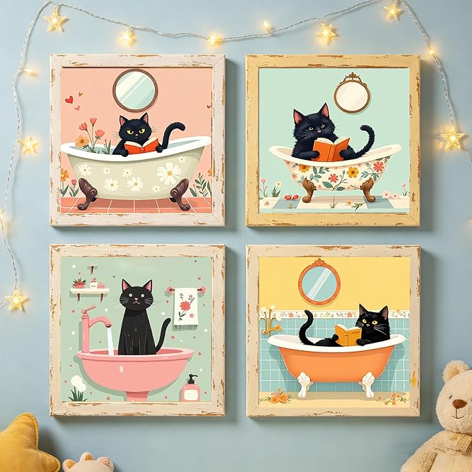 Canrichshop 4P Bathing Cat Paint by Numbers for Beginner with Frame,Black Cat Adult Painting by Numbers Kits on Canvas, DIY Oil Painting for Decor 8X 8 inch