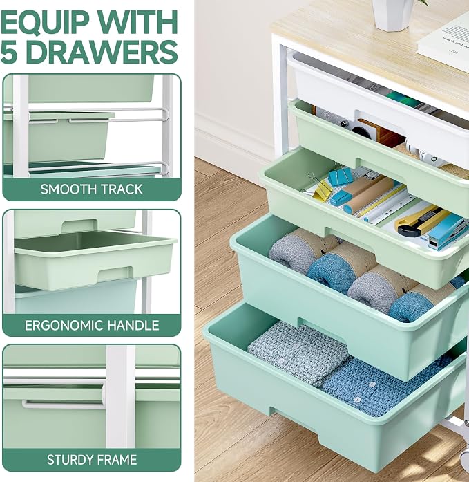 SYKIARIOL Rolling Cart with Drawers,5 Drawers Storage Cart,Light Green | 5-Tiers Utility Cart with Drawers with Lockable Wheels for Craft Organizers and Storage,Home Office,Classroom,Dorm,Playroom
