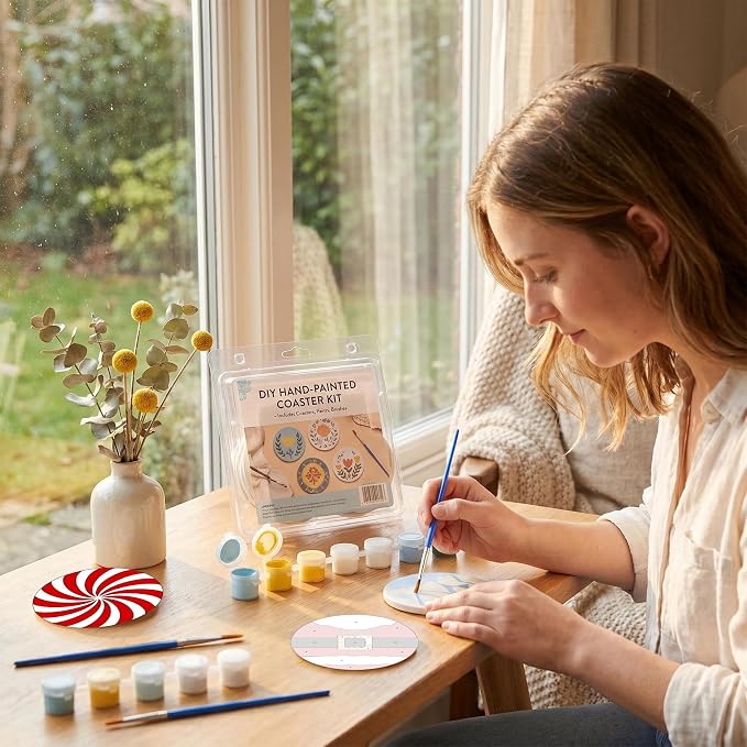 8 Pack Christmas Paint by Numbers Kits Coasters with Holder Cork Pads | Xmas Paint by Number Kits for Adults Simple Round Oil Painting Coaster for Small DIY Craft Holiday Birthday Gift 3.9x3.9in