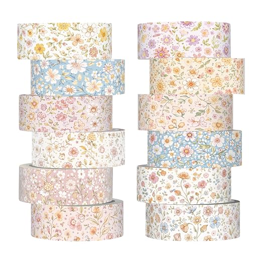 12 Rolls Floral Washi Tape Set,Vintage,Little Flowers | Watercolor Flowers Design for Scrapbook Journal DIY Craft School Supplies, 15 mm Vintage Decorative Masking Washi Tapes