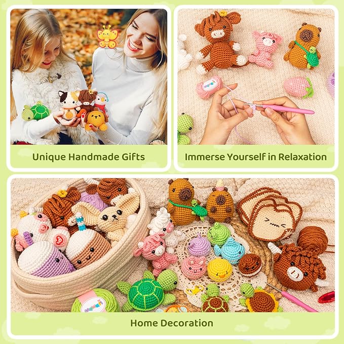 Mewaii Capybara Crochet Kit for Beginners, 40% Extra Yarn | Video Tutorial, Pre-Started Piece, Gift Box, Level 1 Starter Kit, Family Craft for Adults, Kids & Beginners