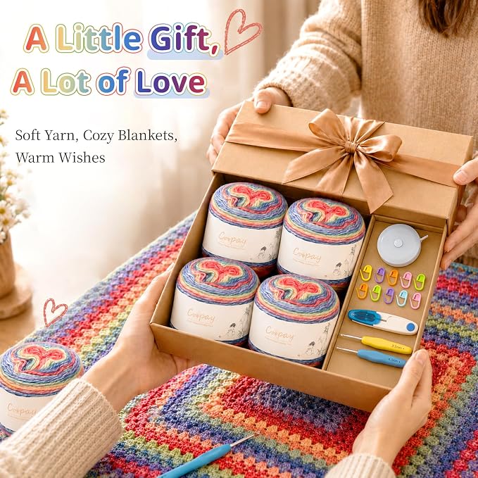 Coopay Crochet Blanket Kit for Beginners Adults w/Step-by-Step Instructions | Complete Crochet Kits with 600g Soft Crochet Yarn & Ergonomic Crochet Hooks, Granny Square Blanket Kit for Beginners Gift