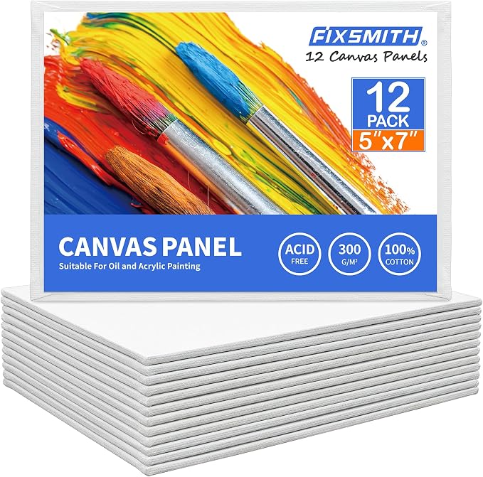 FIXSMITH Canvas Boards for Painting 5x7 Inch, Super Value 12 Pack White Blank Canvas Panels, 100% Cotton Primed, Painting Art Supplies for Professionals, Hobby Painters, Students & Kids