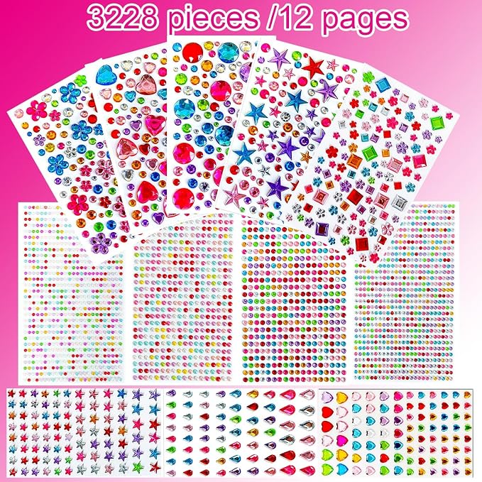 3228pcs Gems Stickers, Self Adhesive Rhinestone Jewel Gems | Acrylic Gems DIY Craft Decorative Diamond Stickers, Assorted Shapes Jewels Rhinestones Sticker, Gem Sticker Crafts Set