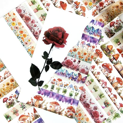 Washi Tape Set 13 Rolls - Mushroom Butterfly Floral Decorative Tape for Scrapbooking Supplies, Junk Journal, DIY Crafts, Arts