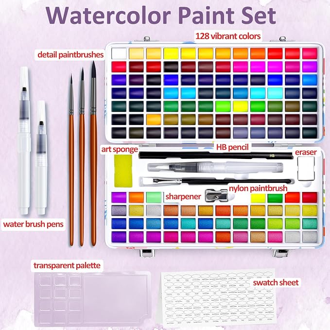 Caliart 128 Colors Watercolor Paint Set, Portable Art Supplies Palette Kit | Water Color Paints with Detail Paintbrush, Art Coloring Painting Gifts for Adults Professionals Beginners Artists