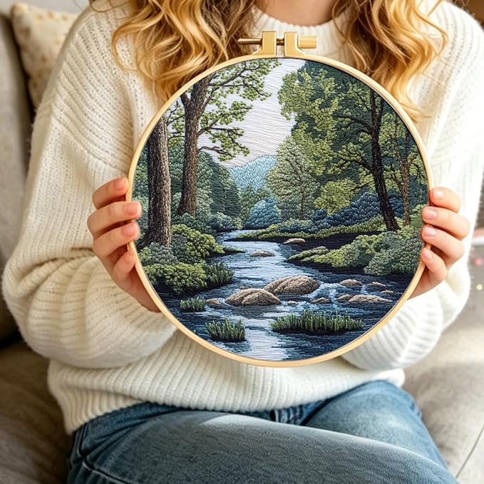 FONNUY Embroidery Kit for Beginners, Boho Nature Landscape Pre-Stamped Pattern Kits for Adults with Hoop, Easy to Follow Color Thread Needlework, 8'' Hoop (Verdant Riverside)