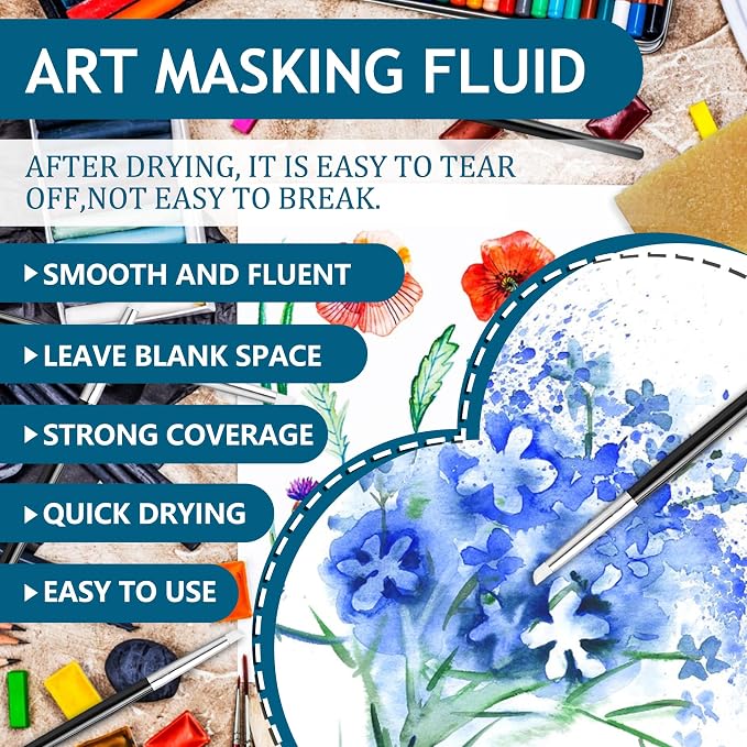 Watercolor Masking Fluid, Liquid Masking for Painting Watercolor Accessories with Silicone Pen Cleaning Brush Retouching and Covering for Painting and Various Art Projects Supplies,White (30ml)