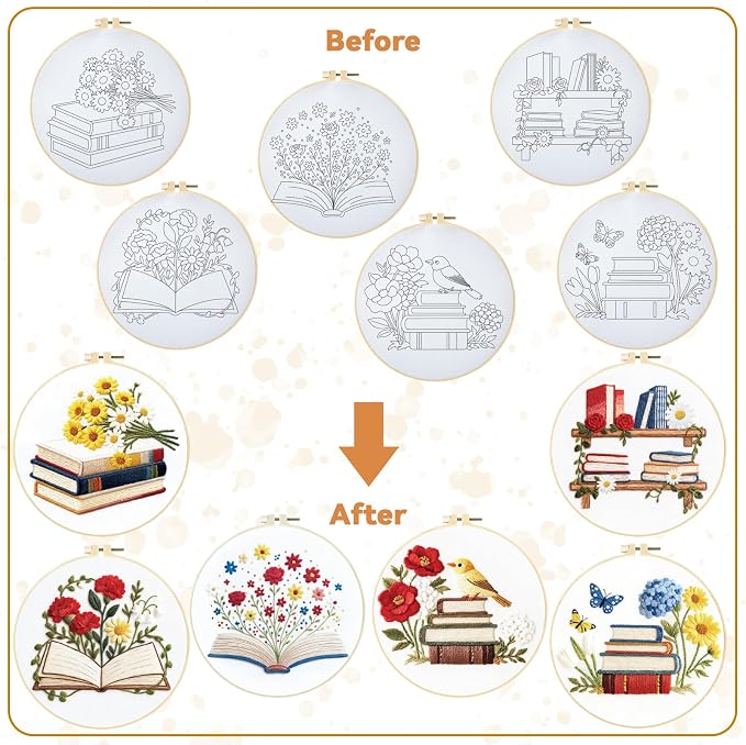 BEUNITONE 6 Set Books Flowers Embroidery Kit for Adult Beginners with Hoops and Instructions Literary Themed Needlepoint Craft Kits Complete DIY Handmade Cross Stitch Set for Book Lovers Home Decor