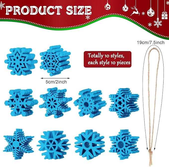 Blulu 100 Pcs Christmas Wooden Snowflakes Crafts, Blue, 2 in