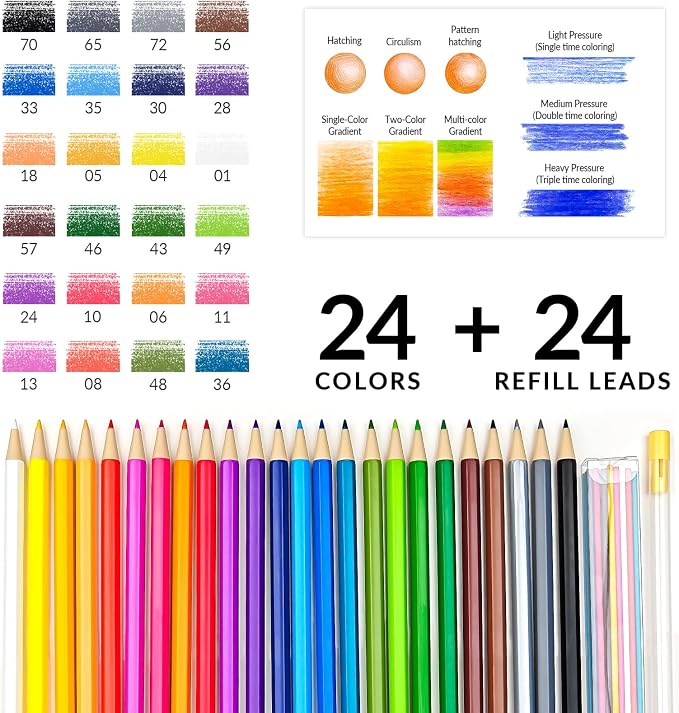 24 Mechanical Colored Pencils with 24 Refills, Oil-Based Soft Core