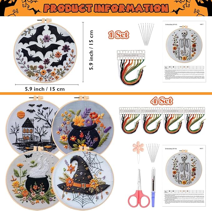 YOUDRN Halloween Embroidery Kit, Skeleton Halloween Cross Stitch Kit