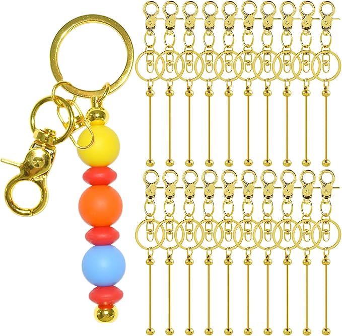 60 Pcs Beadable Keychains Bulk Kit – DIY Keychain Making Supplies with Metal Blanks for Crafts, Jewelry, Charms, Custom Projects – Blank Chain Bars for Beaded Keychain Design (Golden)