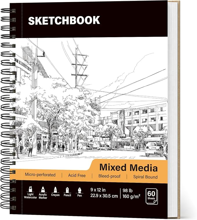 Mixed Media Sketch Book 9" x 12": 98lb/160gsm Spiral Sketchbook, 60 Sheets