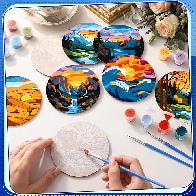 Reallnaive 8 Pcs Mountain Paint by Numbers Kit for Adults Wooden Coasters | Mini Landscape Paint by Numbers, Tiny Sunrise River Round Oil Painting Drink Coaster with Holder, for Small DIY Craft Gift