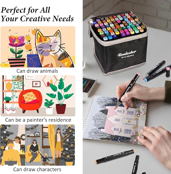 80 Alcohol Markers Dual Tip Art Markers for Coloring & Sketching | Fine bullet & chisel tips for drawing, illustration, card making & crafting. Ideal for artists, designers, and crafters.