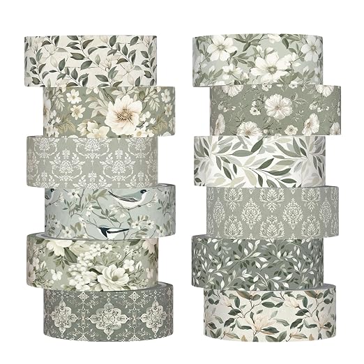 12 Rolls Floral Washi Tape Set,Sage Green,Greenery | Watercolor Flowers Design for Scrapbook Journal DIY Craft School Supplies, 15 mm Vintage Decorative Masking Washi Tapes