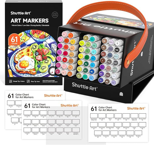 Shuttle Art 61 Colors Alcohol Markers, 60 Colors Dual Tip Art Marker Set Plus 1 Colorless Blender with Marker Case Perfect for Illustration Students Adult Coloring Sketching