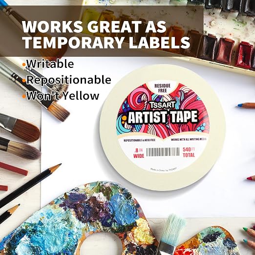 3 Pack White Artist Tape - Masking Artists Tape for Drafting Art Watercolor Painting Canvas Framing - Acid Free 0.8inch Wide 540FT Long Total