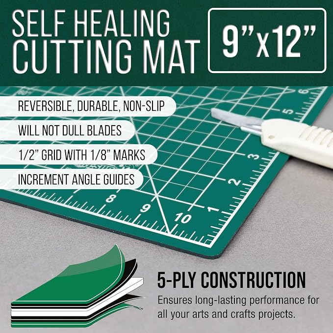 U.S. Art Supply 9"x12" Self-Healing Cutting Mat 5-Ply Green/Black | Double-Sided Green/Black Craft Mat, Non-Slip Cutting Mats for Crafts, Sewing, Quilting, Scrapbooking