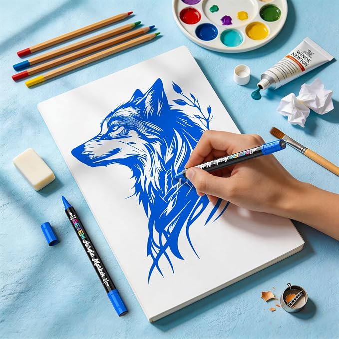 Betem 2 Blue Paint Markers for Glass, Dual Tip Acrylic Paint Pens | Window, Fabric, Wood, Rock, Canvas, Acrylic Markers with Fine & Brush Tip, Art & Craft Supplies, Wine Glass Markers