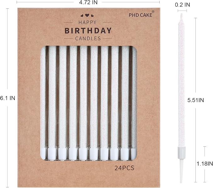 PHD CAKE Iridescent White Long Thin Metallic Birthday Candles, Cake Candles, Birthday Parties, Wedding Decorations, Party Candles