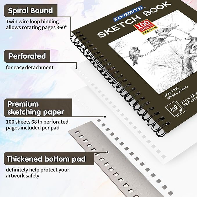 FIXSMITH 9"X12" Sketch Book, 100 Sheets, 68 lb/100gsm,4 Pack Brown | Acid Free Drawing Paper | Spiral Bound Artist Sketch Pad | for Kids, Beginners, Artists & Professionals | Bright White