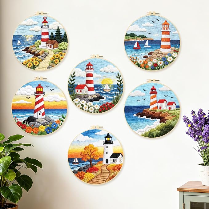 BEUNITONE 6 Set Beginner Embroidery Kit for Adults with Pre-Printed Washable Lighthouse Pattern, DIY Needlepoint Craft Kits for Cloth with Embroidery Hoop and Instruction, Funny Gifts for Home Decor
