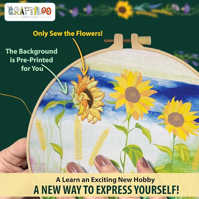 Embroidery Kit for Beginners Adults - 4 Floral Patterns, Learn 17 Stitches