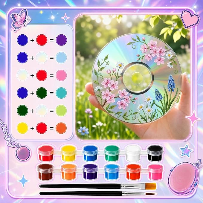 Sabary 29 Pcs DIY CD Painting Kit Painting Gift Includ 24 Pcs 4.72'' Blank Cds 12 Colors Acrylic Paint with 2 Brushes Ideal for CD Art Craft Kit for Creative Projects Home Decor Activities