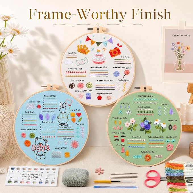 DOPLOEU 32 Essential Stitches Embroidery Kit for Beginners Adults