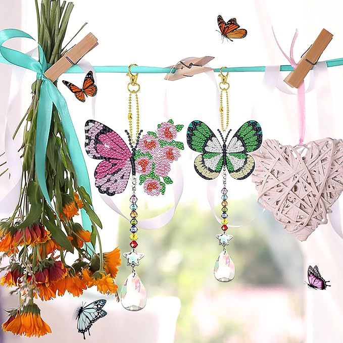 6 Pcs Butterfly Diamonds Paintings Kits Suncatcher Double Sided Rhinestone Painting Wind Chimes 5D DIY Diamond Painting Kits Paint by Number Crystal Hanging Ornaments Mom Gifts