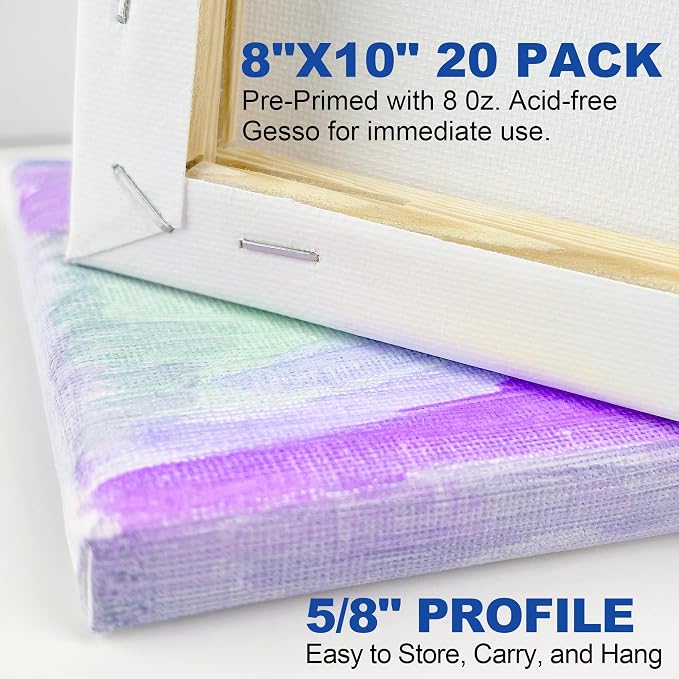 Halobios Blank Canvases - 8x10in Stretched Canvases, 20 Pack, 5/8 Inch Profile, 100% Cotton Artist Framed Canvas for Acrylics, Oils & Other Painting Media