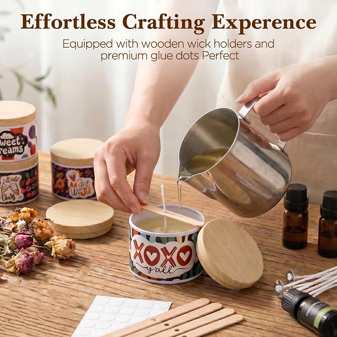 LumaCraft Thick Candle Jars for Making Candles 24 Pcs, 4 OZ Empty Jars with Wood Lids for Candle Making,Colorful Inspirational Print Candle Containers with Candle Making Supplies