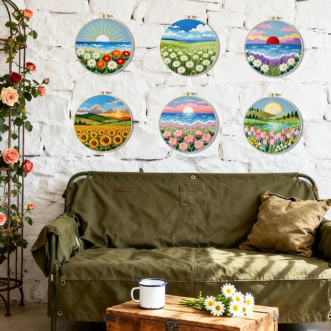 BEUNITONE 6 Set Flower Sea Starter Embroidery Kit with Pre-stamped Pattern Needlepoint Craft Kits with Embroidery Hoops Complete DIY Handmade Cross Stitch Set for Home Decor and Festival Gifts 20x20cm