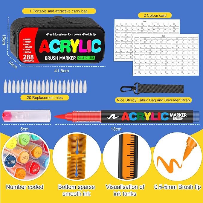 Amamao 288 Colors Brush Tip Acrylic Paint Markers with Bag for Rock, Wood