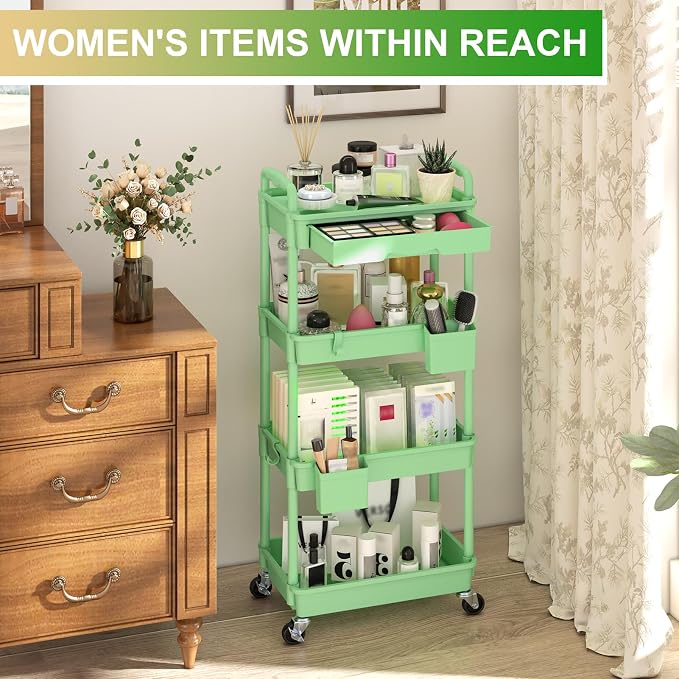 Goovilla 4 Tier Rolling Utility Cart Organizer with Removable Drawer, Green | Stable and Sturdy Rolling Storage Carts with 2 Lockable Wheels for Bathroom, Kitchen, Snack, Craft, Makeup, Baby Essentials