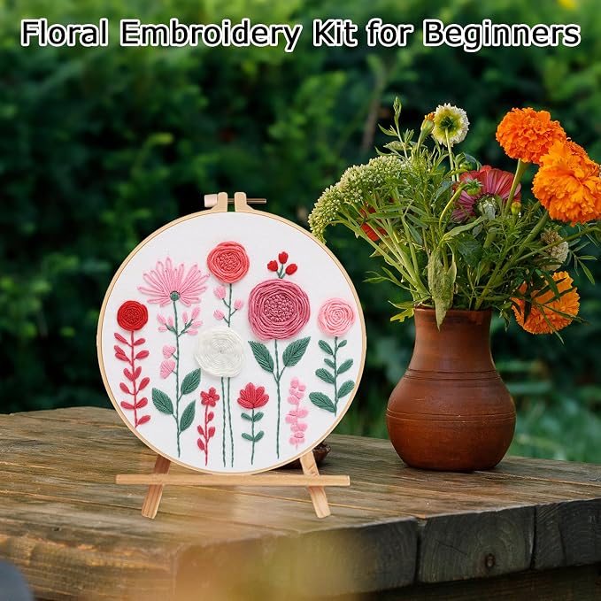 Nuberlic Floral Embroidery Kit for Beginners Adults | Easy Embroidery Kits for Adults Starter Cross Stitch Kit DIY Needlepoint with Step-by-Step Instruction,Gifts and Home Decor