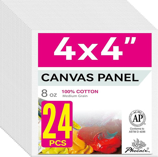 PHOENIX Small Painting Canvas Panels 4x4 Inch, 24 Bulk Pack - 8 Oz Triple Primed 100% Cotton Acid Free Square Canvas Boards for Painting, White Blank Flat Canvas Boards for Acrylic, Oil Paints