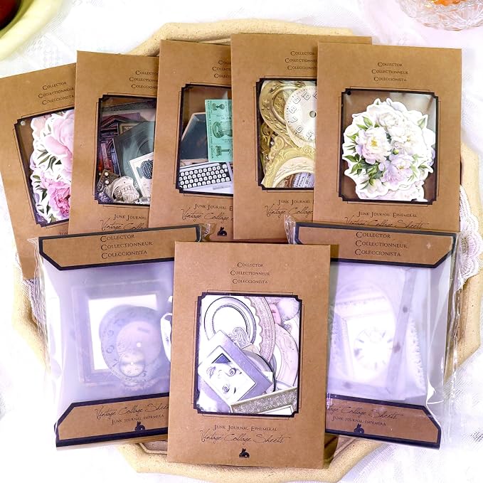 CATaireen Vintage Junk Journal Items Kit Pre Cut Paper Cards Cutout Cardstock Art Aesthetic Decor Hollow Out Craft Elements Small Embellishments Supplies for Adults Scrapbook Pack (All Collection)