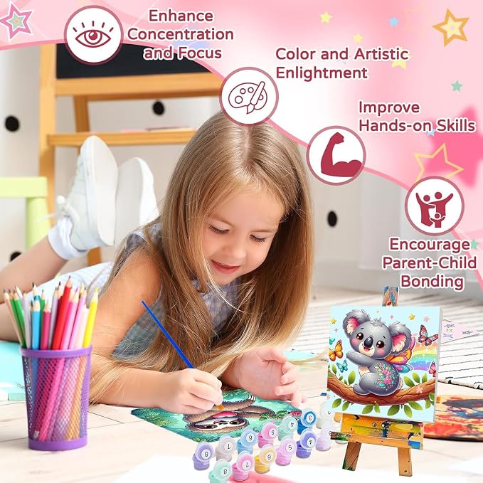 cviokrdu 4 Pack Paint by Numbers Kit for Kids with Frame - Wooden Easel, Animal Paint by Numbers for Kids Ages 4 8 12, Easy Animals Acrylic Oil Painting Kits for Home Wall Decoration 8x8 inch