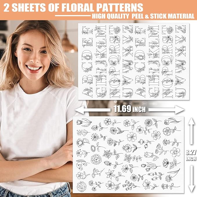Patemby Embroidery Pattern Water Soluble Embroidery Stabilizers, Stick and Stitch Embroidery Paper Wash Away with Pre-Printed Pattern Designs Stencils Transfers for Hand Sewing Lover Beginner