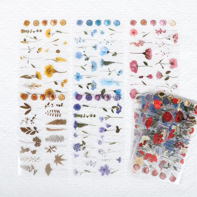 NESSCCI Pressed Flower Themed Stickers (Assorted 240 Pieces,12 Sheets) Scrapbook Supplies,Sticker for Journaling, Dried Floral Resin,Scrapbook Stickers,Junk Journal Sticker