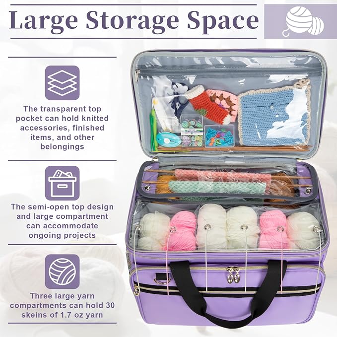 Anitor Large Crochet Bag Knitting Bag Yarn Storage Tote, Yarn Bag, Purple