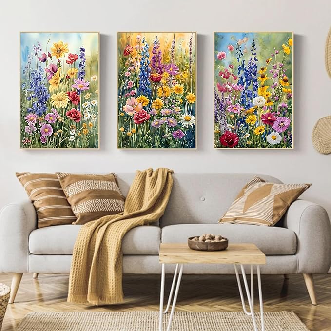 Mandun Wild Flowers Paint by Numbers Kit for Adults, 3 Pack, 7.8x11.8 inch | DIY Painting Kits Crafts for Adults, Relieve Stress, Frame Canvas, Wooden Easel, Gift Box, Home Wall Decor