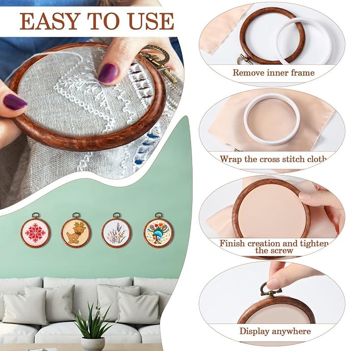 Burbell 15 Pcs 4 Inch Round Embroidery Hoops Frame Bulk Circle Spring Rubber Hoops Ring Display Cross Stitch Ornament Wood Frame Kits for Spring Gifts Mother's Day Craft Sewing DIY Hanging Gifts