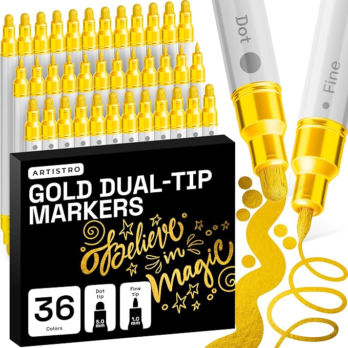 ARTISTRO Gold Dual-Tip Acrylic Paint Marker Pens - Set of 36 | For Fabric, Rock, Glass, Wood, & Coloring Books, Arts & Crafts Gift, Classroom Must Haves & School Supplies (Dot & Fine Tips)