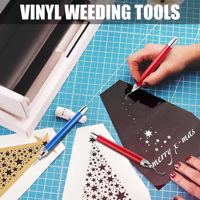 Therwen 2 Pcs LED Vinyl Weeding Pen Tools with Hook Tips, Red, Blue | Built-in LED Light, Tiny Vinyl Detail Removal, for Heat Transfer, Compatible with Silhouette Machines