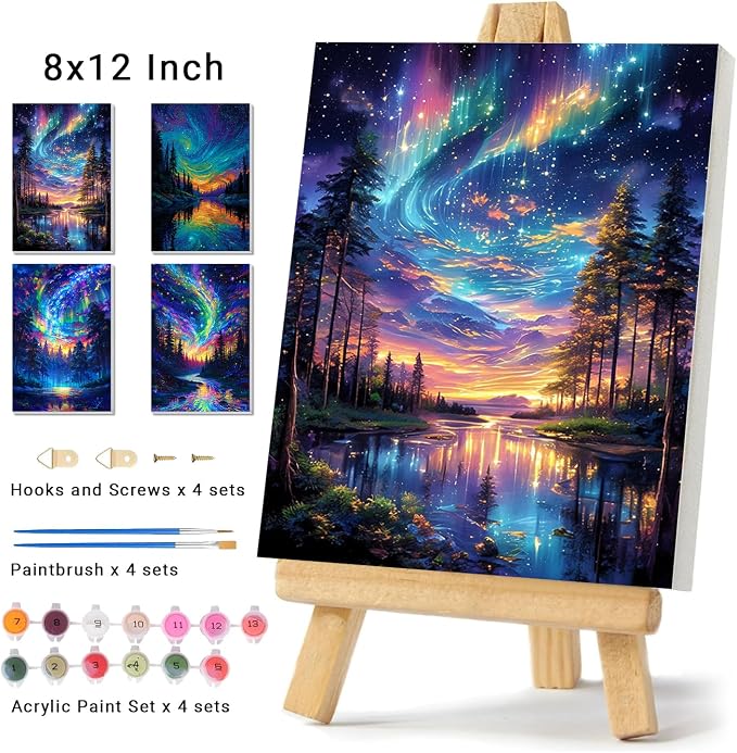 4 Pack Framed Paint by Numbers Kit for Adults Beginner Canvas Painting by Numbers for Adults Starry Night Easy Adult Paint by Number Kits with Frame Tree Watercolor Painting by Number 8x12 Inch